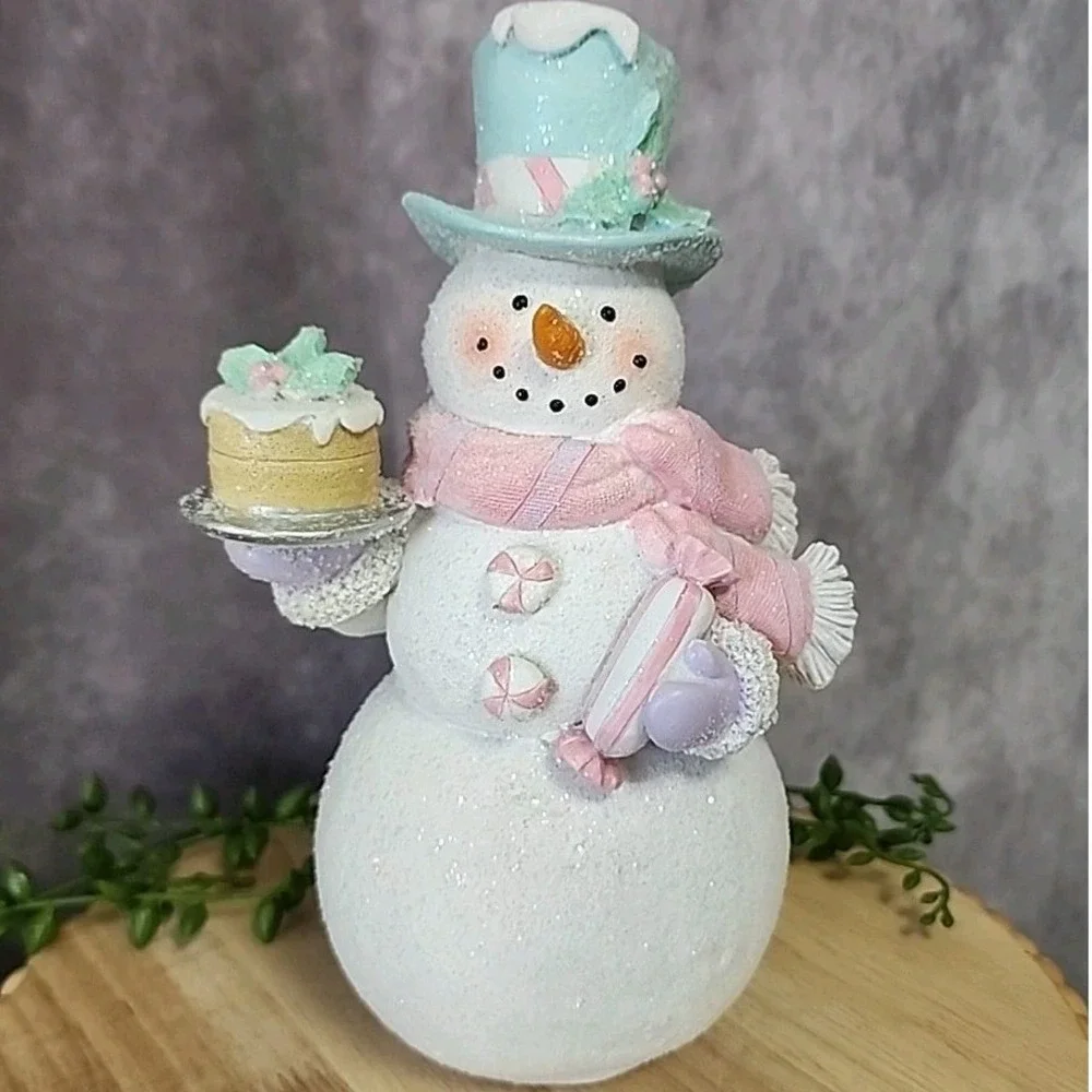 Snowman Candy Cake Christmas Village Figurine Pastel Pink Blue Resin 8